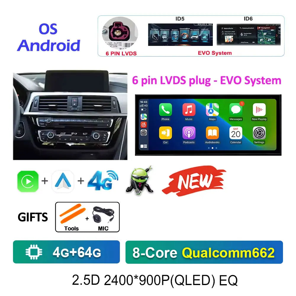 12.3" Android CarPlay Screen for BMW 3/4 Series F30 F31 F32 F33 F34 F36 (2013–2019) NBT/EVO — Android Auto, GPS, 4G