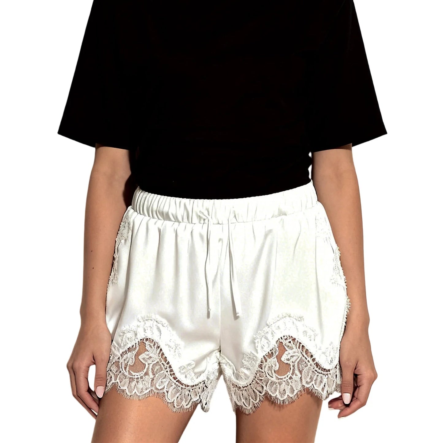 Women's Mini Shorts Lace Patchwork Drawstring Elastic Waist Casual Summer Lounge Shorts