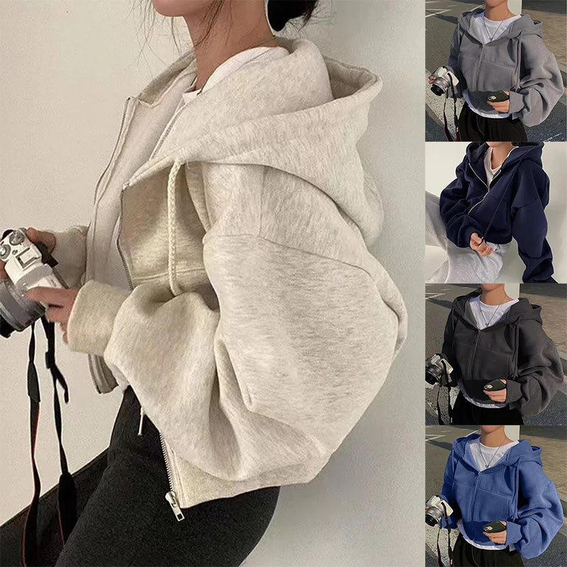 Women's Fleece-Lined Cropped Zip-Up Hoodie