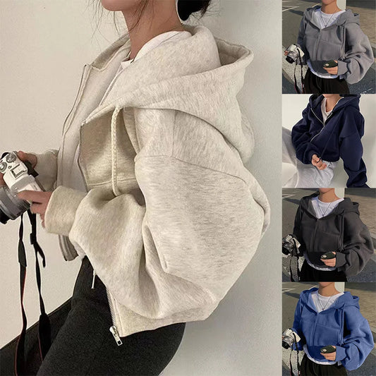 Women's Fleece-Lined Cropped Zip-Up Hoodie