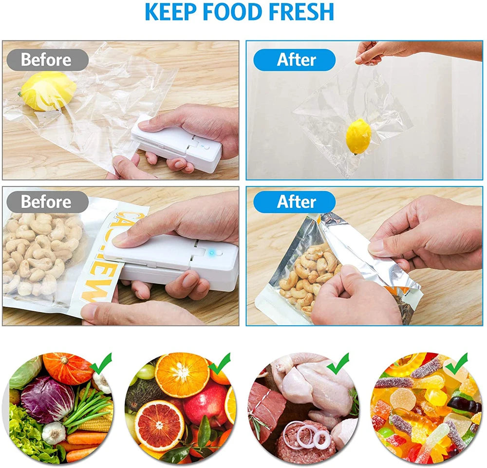 USB Mini Bag Sealer 2-in-1 Portable Heat Sealers Rechargeable Handheld Vacuum Heat Sealers &Cutter for Plastic Bag Storage Food