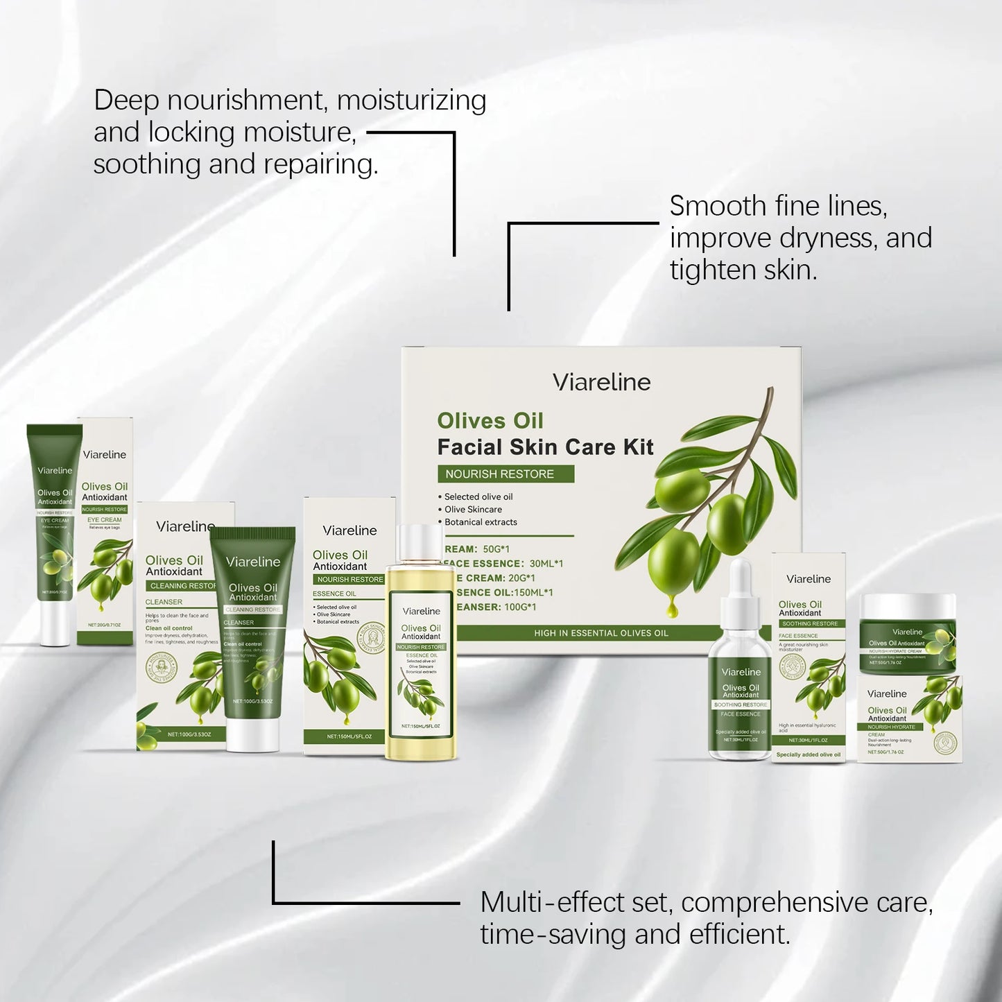 Olive Oil Facial Skincare Set, Hydrating & Soothing Dry Skin Care, Elasticity Boosting Treatment, Complete Routine