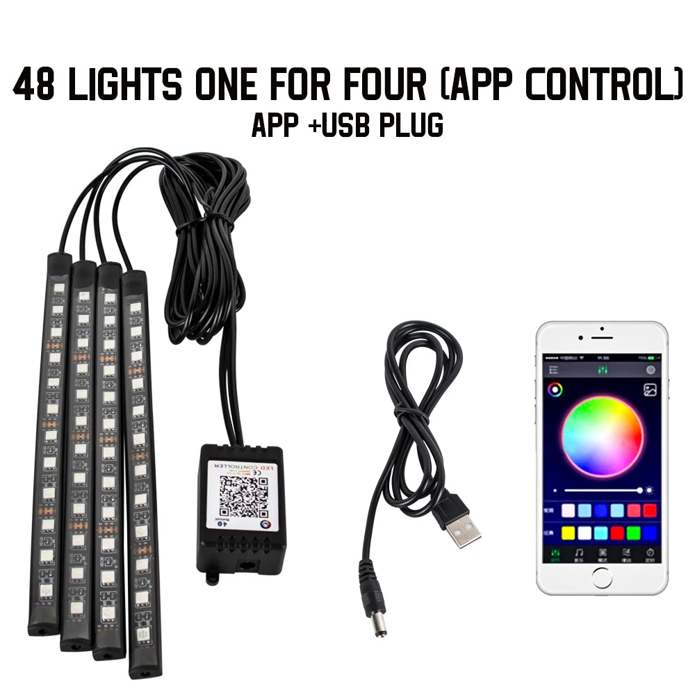 RGB LED Car Interior Ambient Light Strip – 36/48/72 LED Remote & App Music Control | USB or Cigarette Lighter | Atmosphere Foot Light