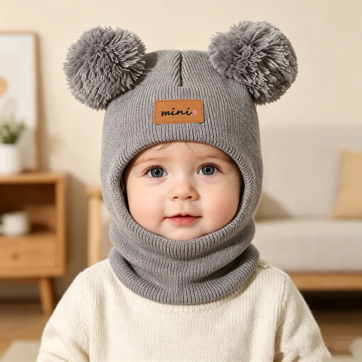 Baby Bear Knit Balaclava Hat - Pom Pom Ear Covering Beanie - photo 2