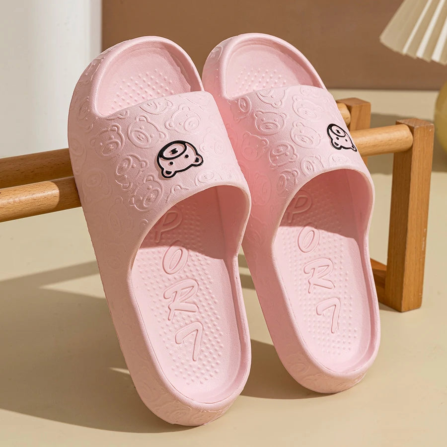 Fashion Cute Printting Bear Women's Slippers Bathroom Non-slip Thick Soft Sole Summer Indoor Comfy Beach Leisure Couple Shoes