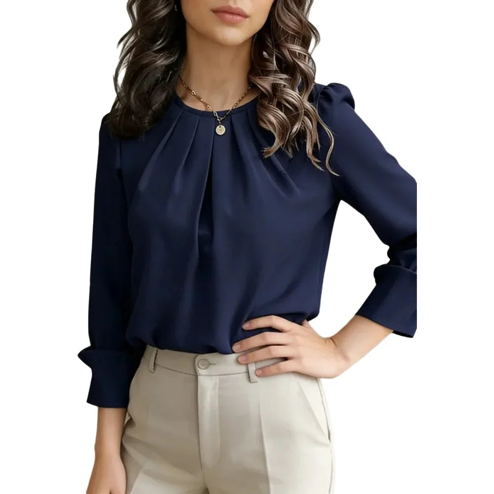 Women's Pleated Round Neck Blouse - Loose Long Sleeve Top - photo 7