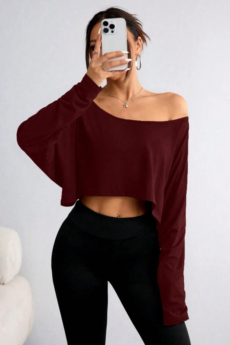 Spring 2026 Women's Loose Collar Base Fashion Crop T-Shirt Long Sleeve Casual Comfortable Line Neckline Solid Short Top