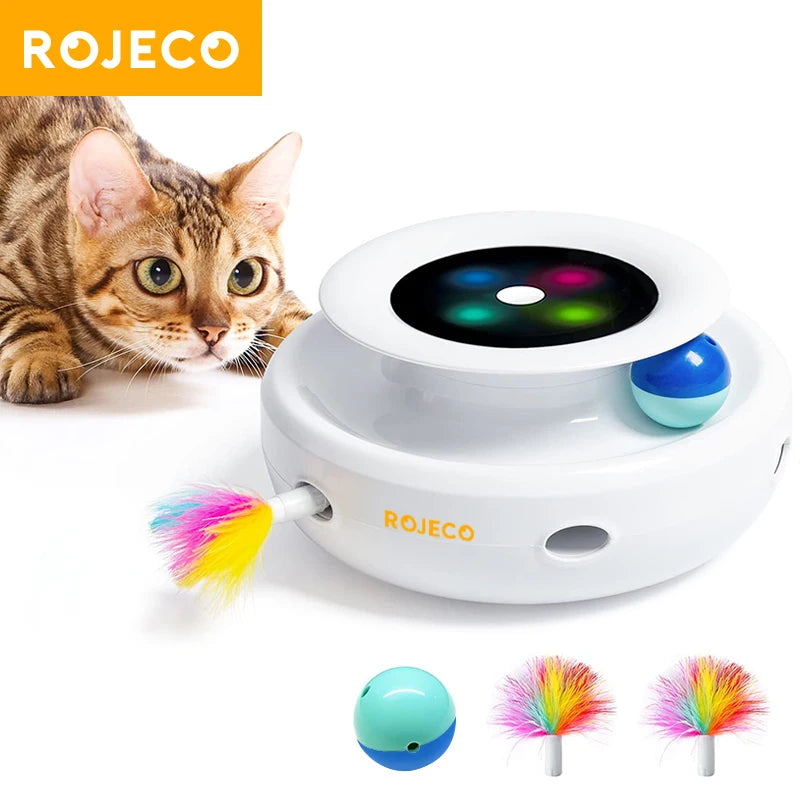 ROJECO 2-in-1 Smart Cat Toy – Automatic Feather & Fun Ball Interactive Toy Set | 5 Modes Electronic Pet Toy