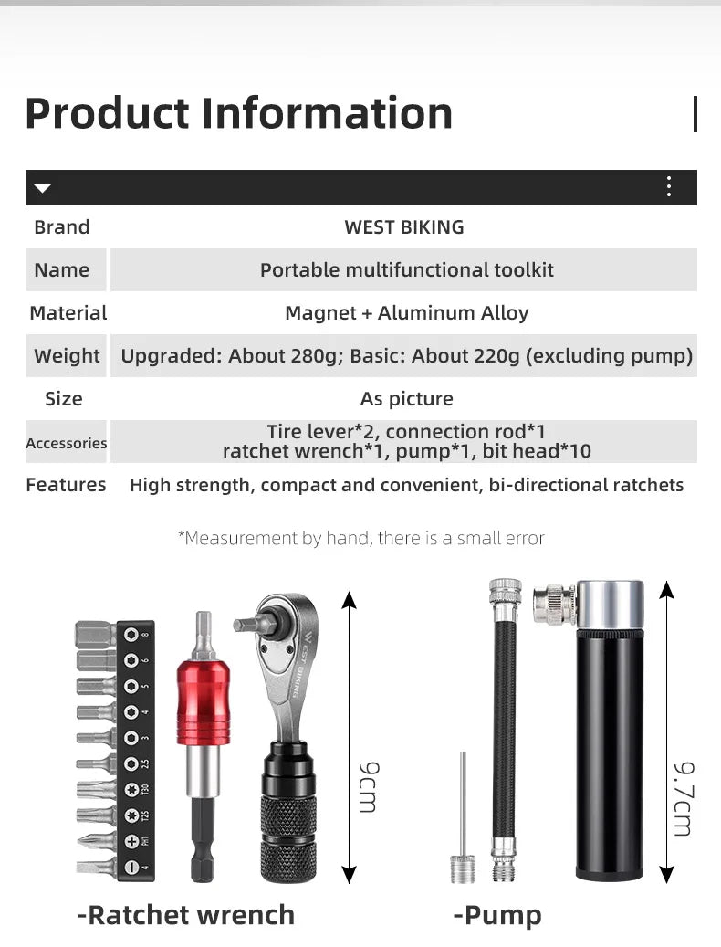 WEST BIKING Professional Bike Tools Portable Ratchet Wrench kit Tire Lever Mini Pump Multifunction Tools Road Bike MTB Accessory