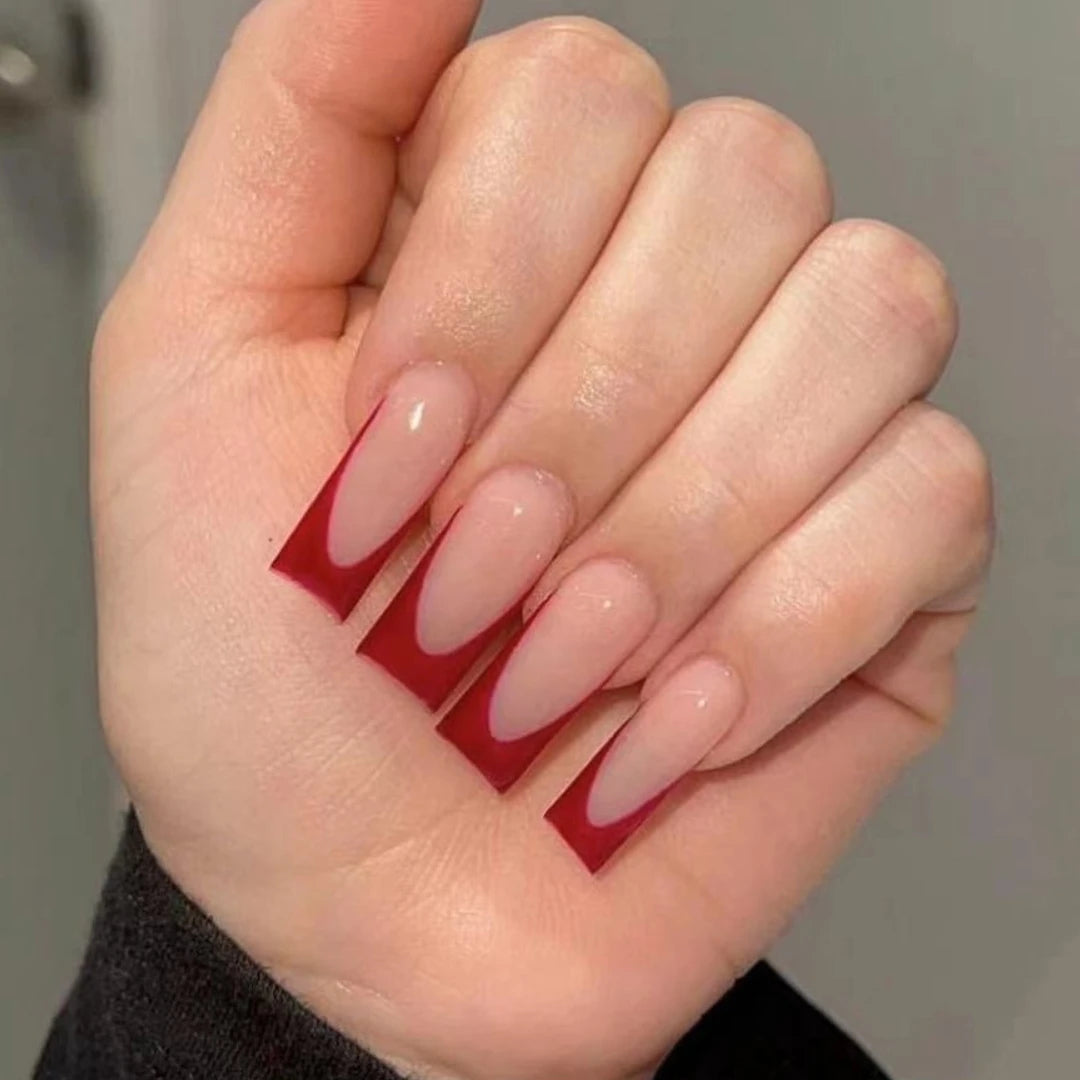Red Stiletto False Nails Tips Almond Press on Nail French Tip Solid Color Fake Nails for Women New Year Party DIY Manicure 24Pcs