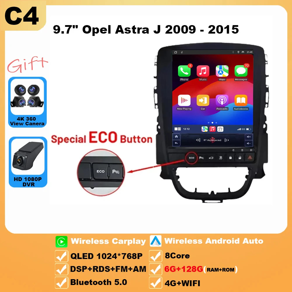 9.7 inch For Opel Astra J 2009-2015 Android 16 Car Radio Multimedia Video Player GPS Tesla Model wireless android Auto WIFI 4G