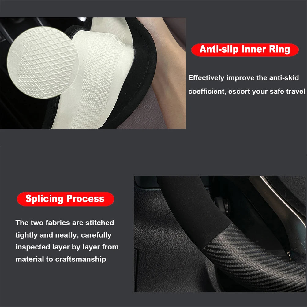 D-Shaped Carbon Fiber & Suede Leather Car Steering Wheel Cover Anti-Slip Protector Breathable Sweat Absorbent Sport 38cm(15Inch)