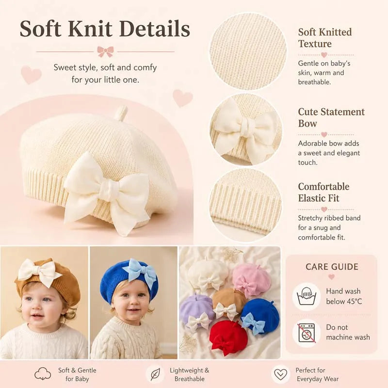 Baby Girl Knit Beret with Bow - Soft Infant Painter Hat - photo 6