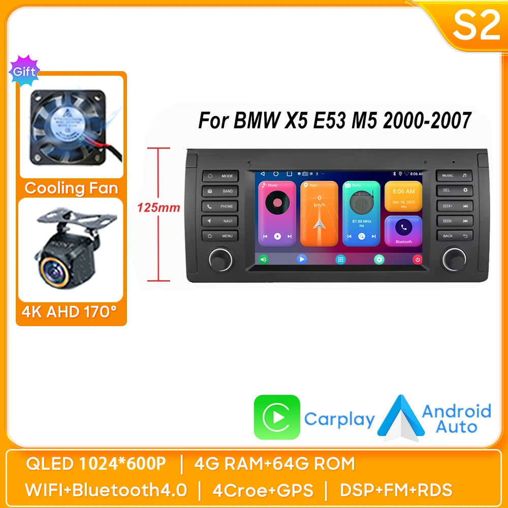 7" Android Car Stereo for BMW 5 Series E39 & X5 E53 (1996–2003) — Android Auto, GPS, 4G, WiFi, 2-DIN