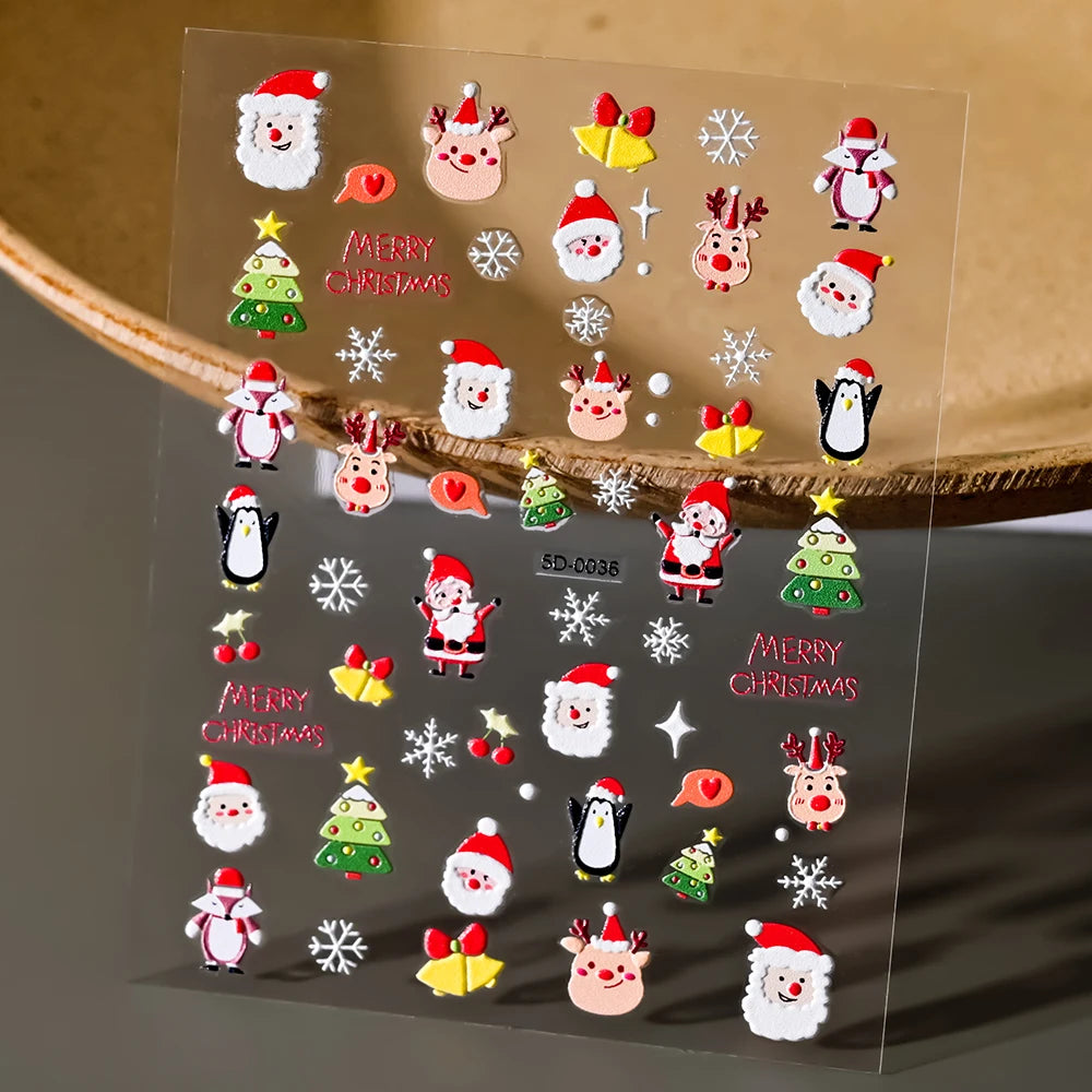 1pcs 5D Embossed Snowflakes/Snowman/Santa Claus/Reindeer Nail Art Stickers Self-Adhesive Cute Christmas Nail Art Decals 8*10CM