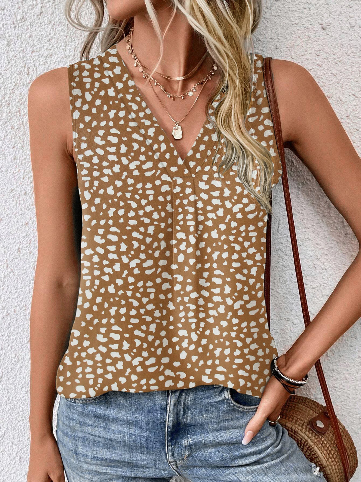 Ladies Dalmatian Print V-neck Sleeveless Top Women Blouse Shirts