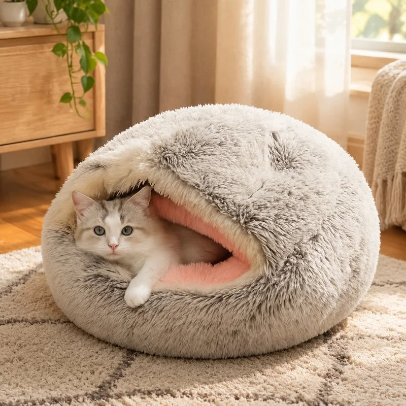 Semi-Enclosed Plush Cat Nest 50cm - Fleece-Lined Winter Pet Bed