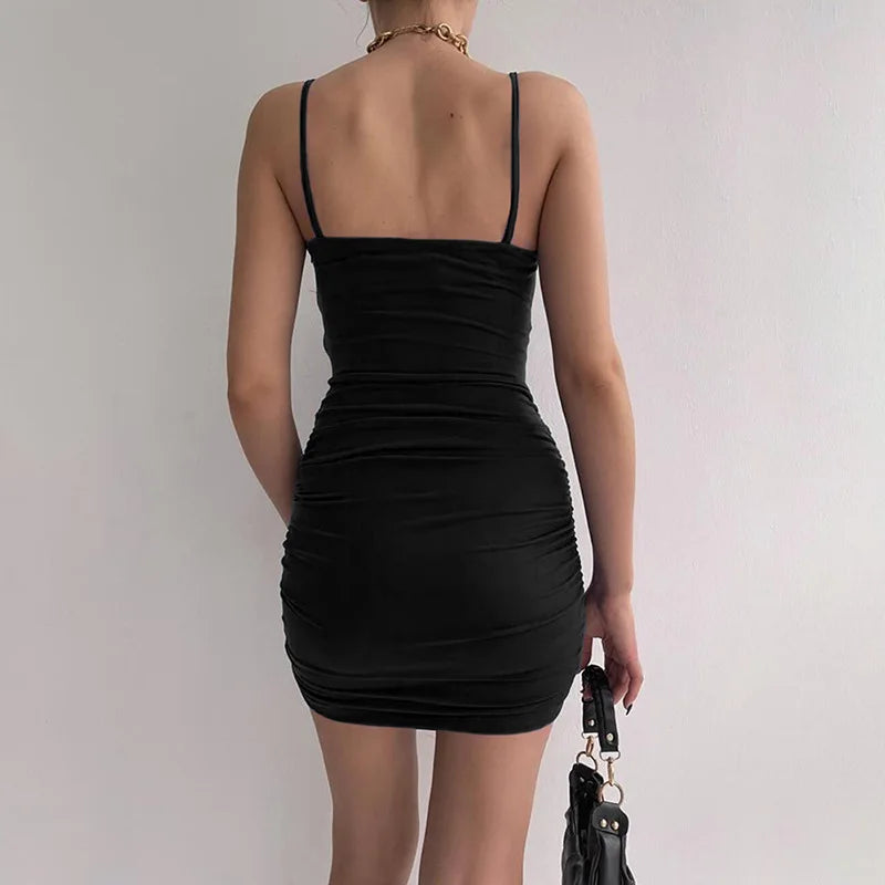 Women's Spaghetti Strap Backless Bodycon Mini Dress – Ruched Wrap Hip Dress | S–L (Black, Green, Blue)