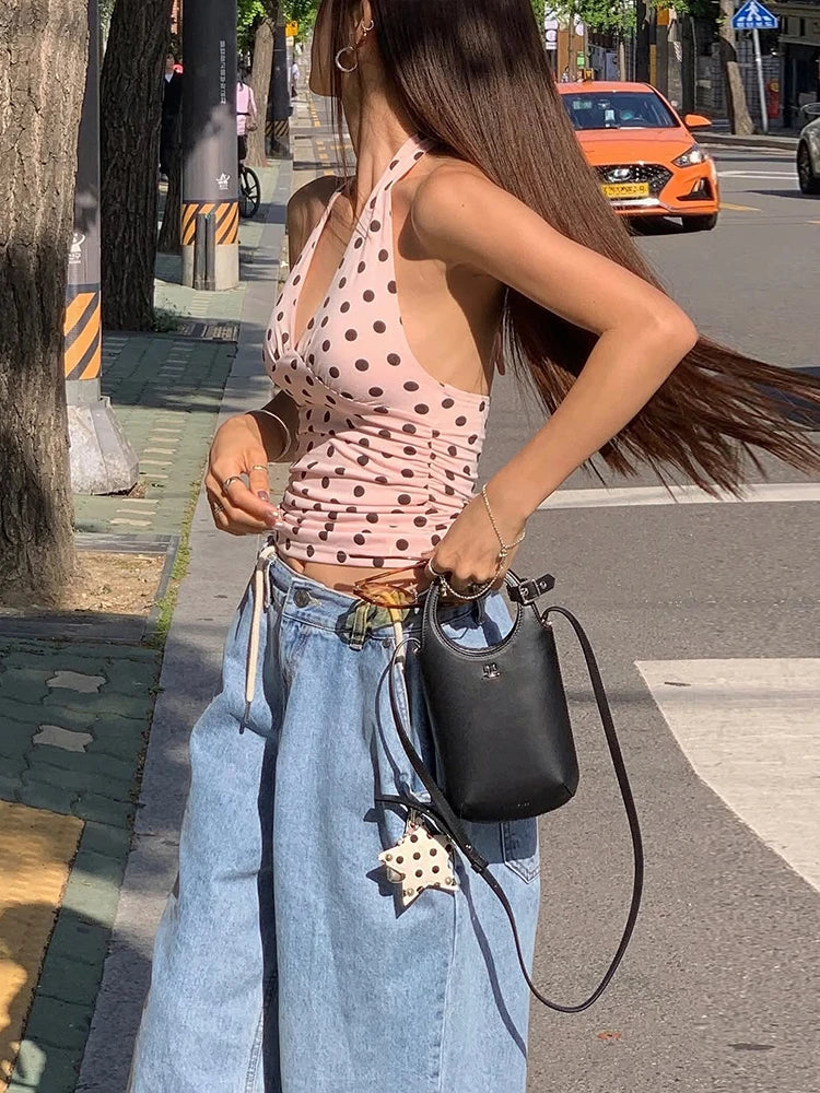 Women's Polka Dot Halter Tank Top – Lace-Up Backless V-Neck Skinny Y2K Streetwear Vest