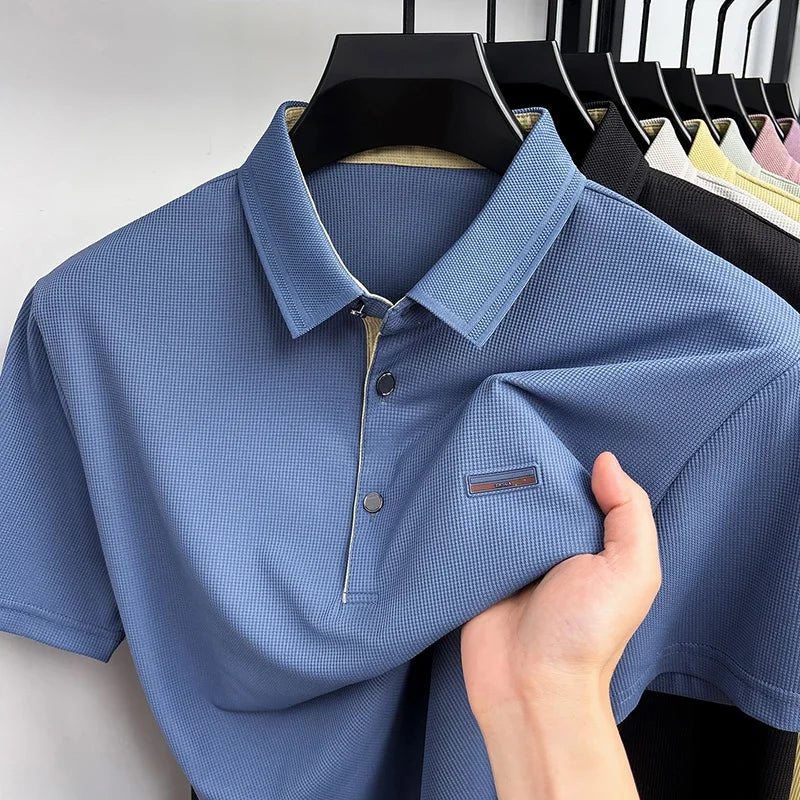 Men's Waffle Mesh Polo Tee - Lightweight Lapel, Elastic Comfort