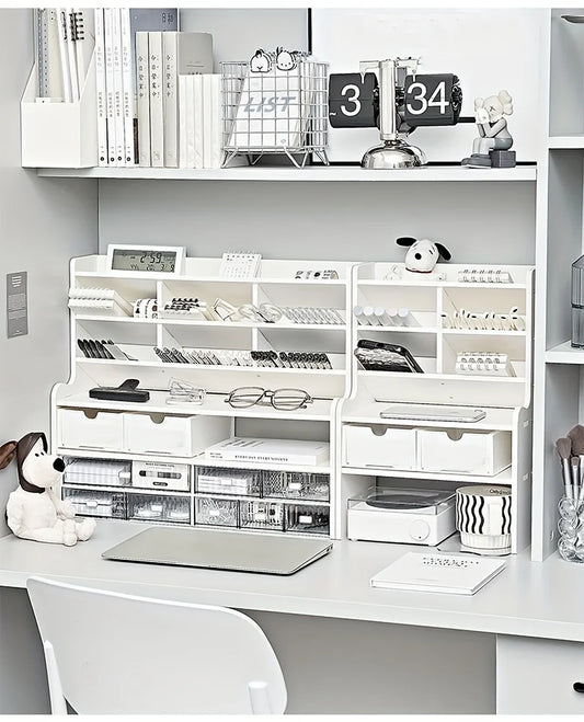 1PC 2-Tier Desk Organizer & Drawer Storage|With Tilt Pen Holder, Raised Bookshelf |Matte White PVC For Stationery, Cosmetics, O