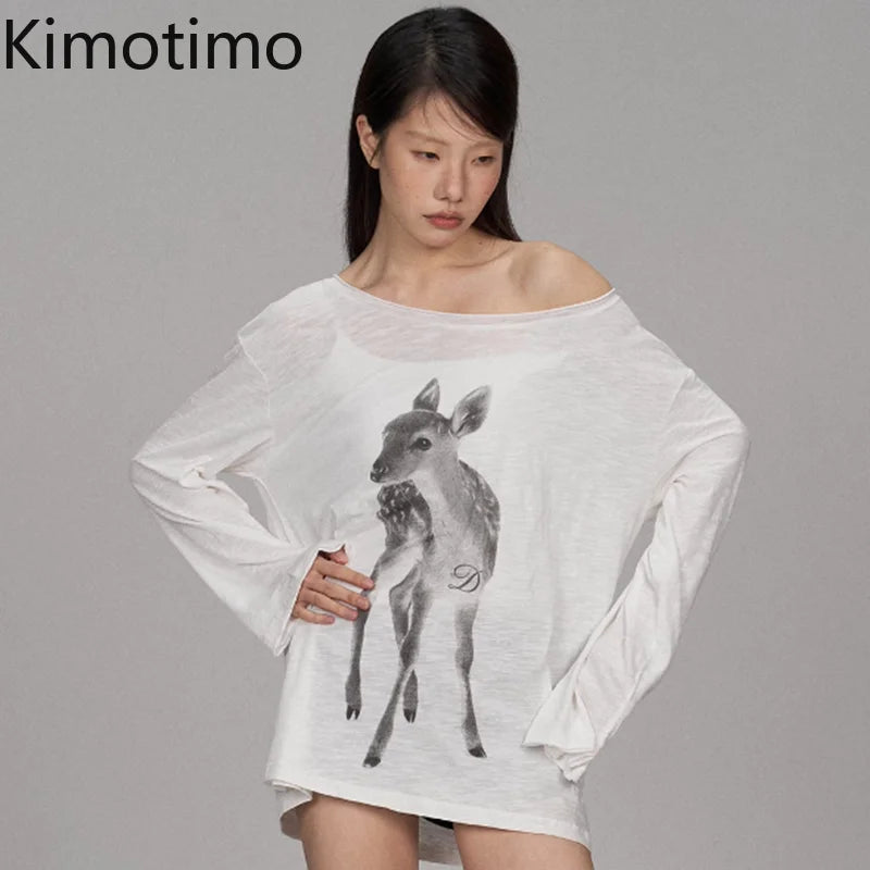 Kimotimo Summer Print Off Shoulder Long Sleeve T-shirt Women 2026 New Casual Transparent Loose Lazy Top Kpop Fashion Y2k Tees