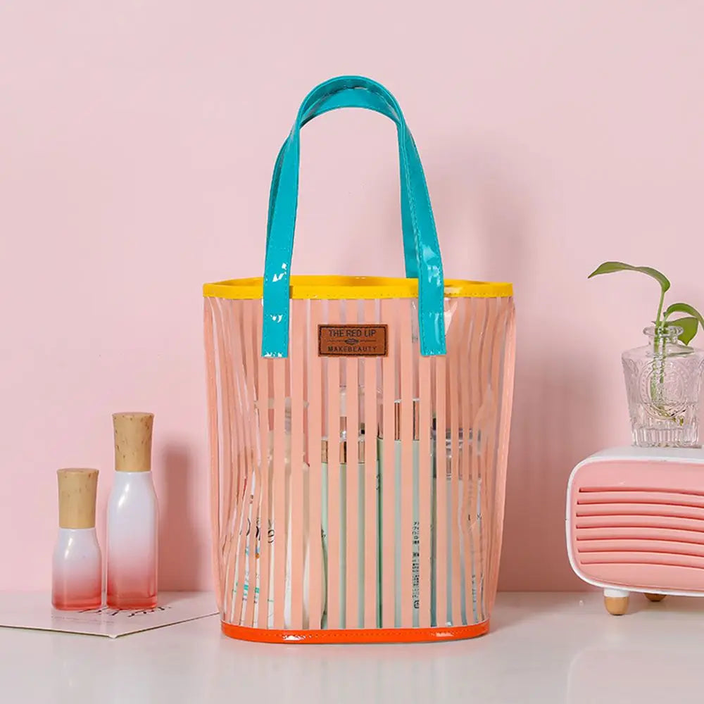 Large Capacity Transparent Handbag Waterproof Stripe Print Beach Bag Wash Bag Protable Travel Shopping Sundry Storage