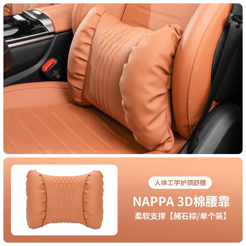 Nappa Leather Car Headrest & Lumbar Support Cushion – Soft Neck Pillow & Waist Pillow Set