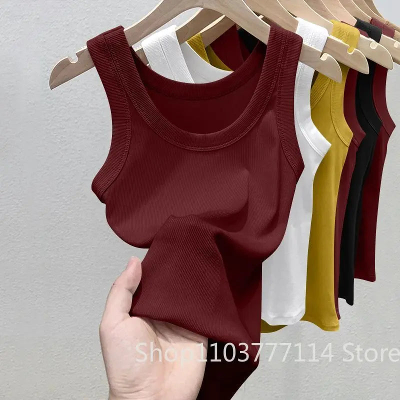 Women's Solid Round Neck RibbedTop Camisole Summer Basic Elastic Spaghetti Strap Top Lightweight Cool Base Shirt Sleeveless Vest