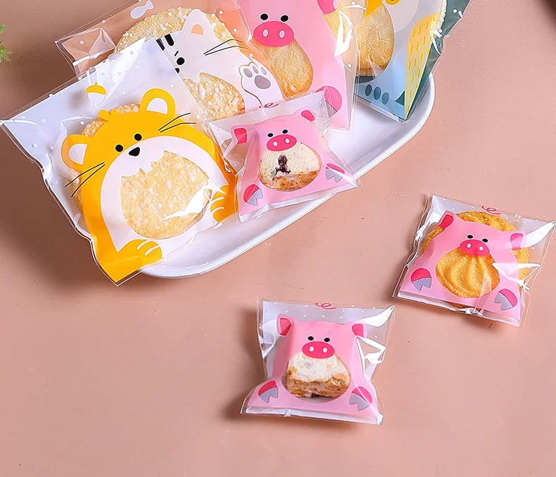 100Pcs Plastic Transparen Cartoon Candy Cookie Plastic Bags Self-Adhesive For Biscuits Snack Baking Package Kids Gift DIY