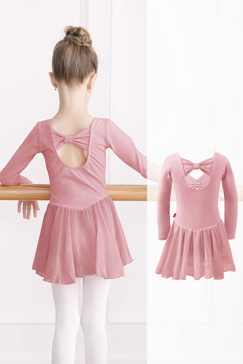 Girl Ballet Leotard with Chiffon Tulle Skirt Kids Bowknot Lyrical Dance Dress Short/Long Sleeve Bodysuit Back Bow Tie Dance Wear