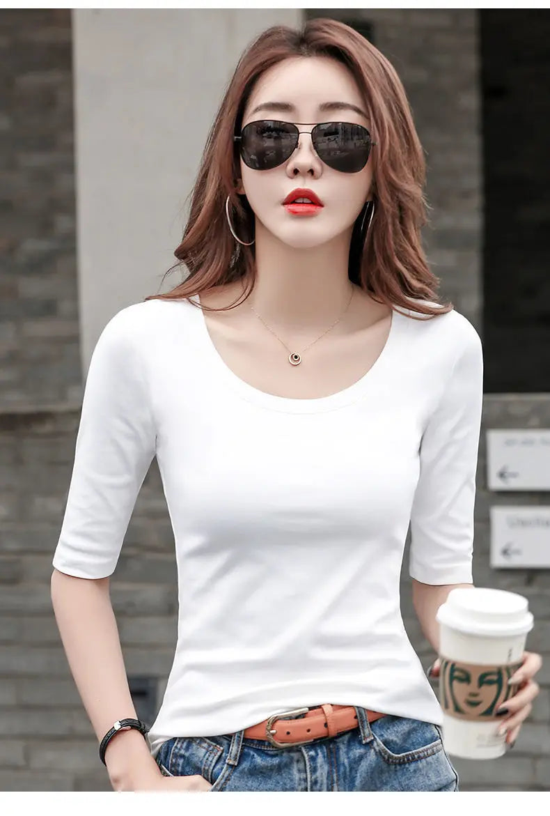 MRMT Women's White Mid-Sleeve Bottoming T-Shirt – Half Sleeve Tight O-Neck Top 2026