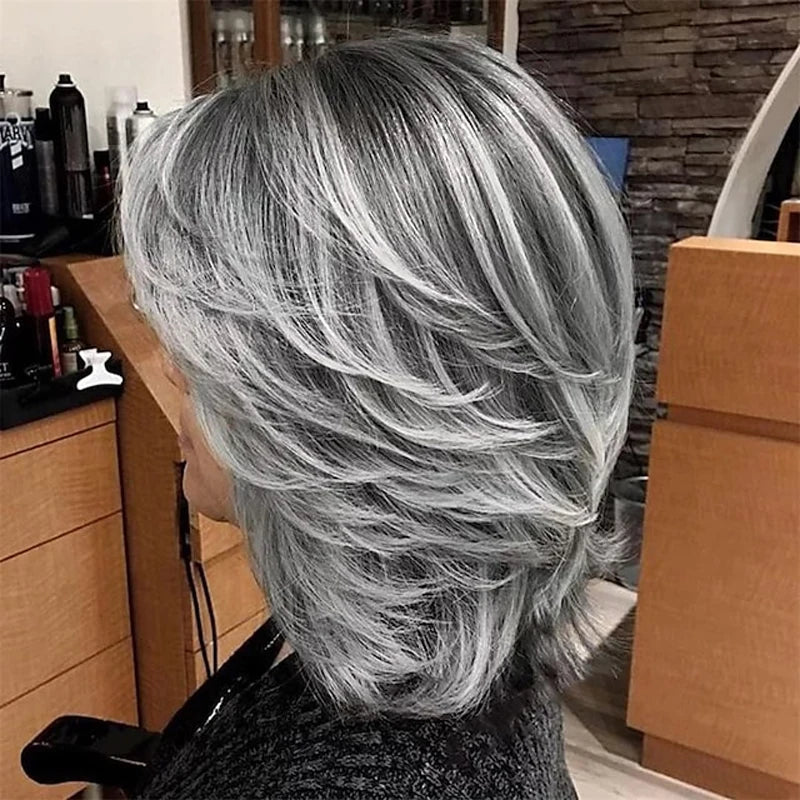 HAIRJOY Dark Gray Ombre Layered Wigs with  Bangs for Black Women Synthetic Hair Short Gray Highlight Straight  Layered Bob Wig