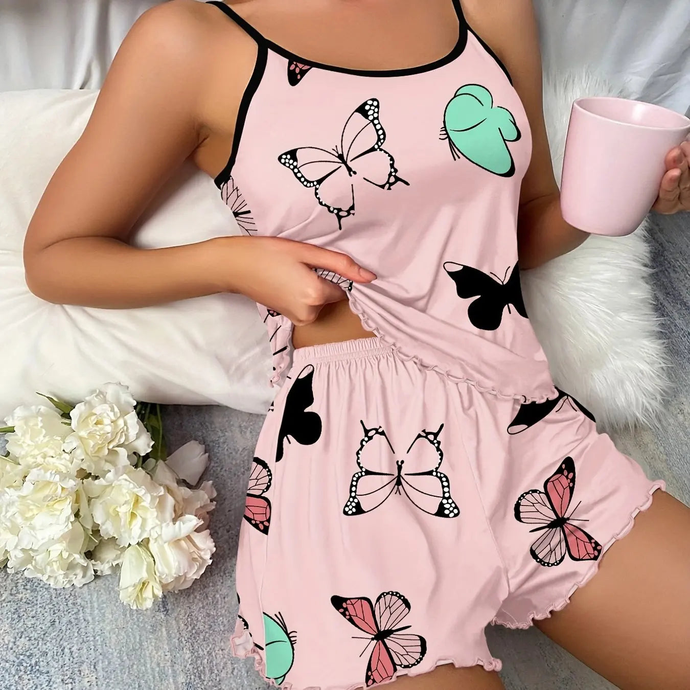MMAlto Women's Butterfly Print Pajama Set – Lettuce Trim Cami Top & Shorts Sleepwear
