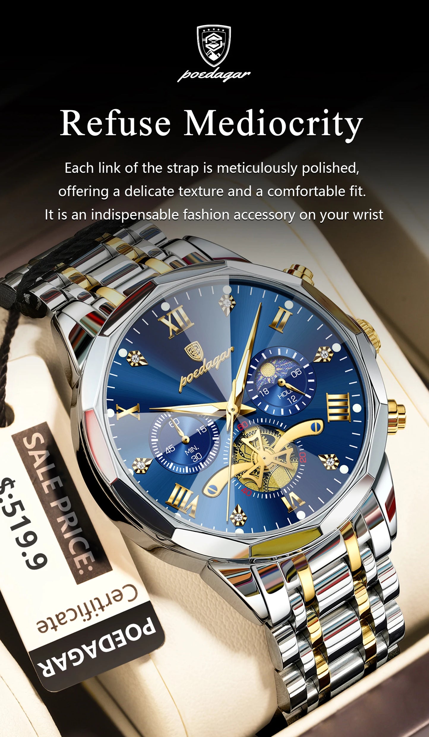 POEDAGAR Luxury Men's Quartz Watch – Waterproof Luminous Chronograph Stainless Steel Wristwatch (Model 938)
