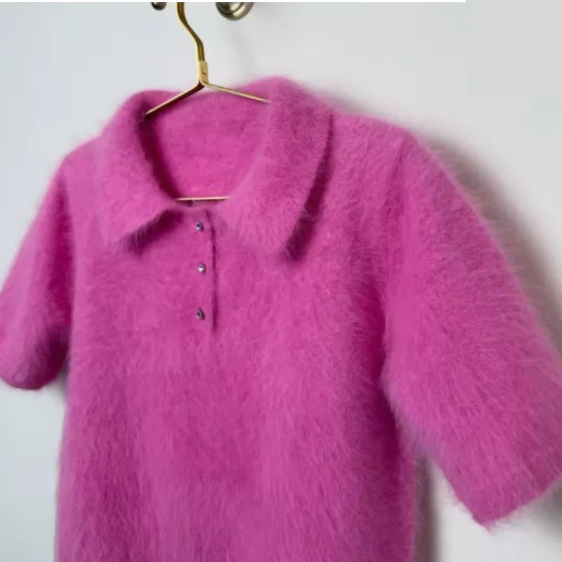 Women's Elegant Cardigan Short Sleeved Fashionable Single Breasted Plush Slim Fit Top Casual Daily Wear Sweater Solid Knitted