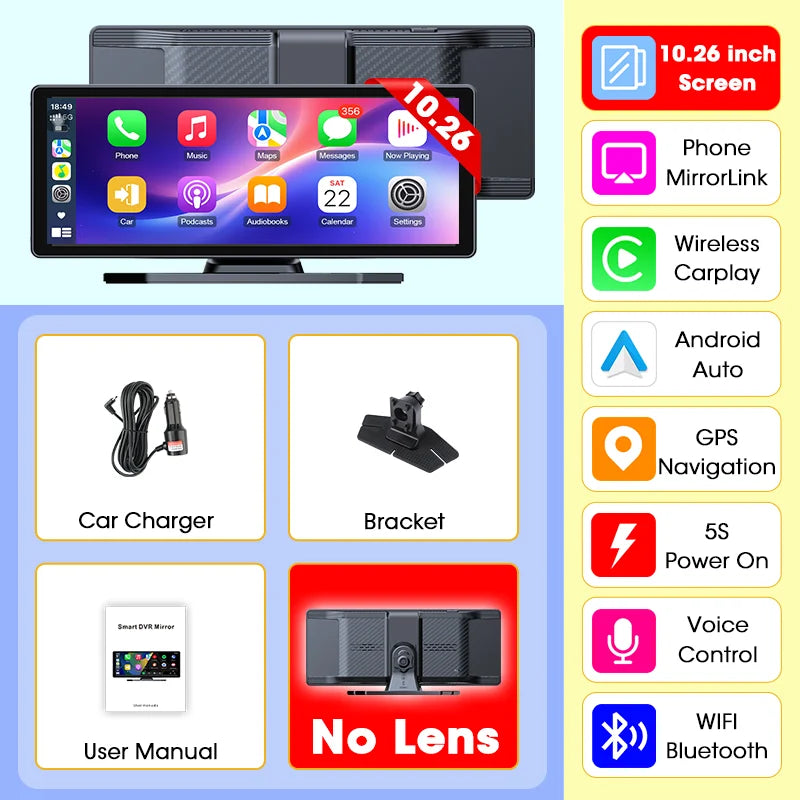 Develuck 11.26" 4K Portable Dash Cam & CarPlay Screen — Wireless Android Auto, 5G WiFi, GPS Navigation