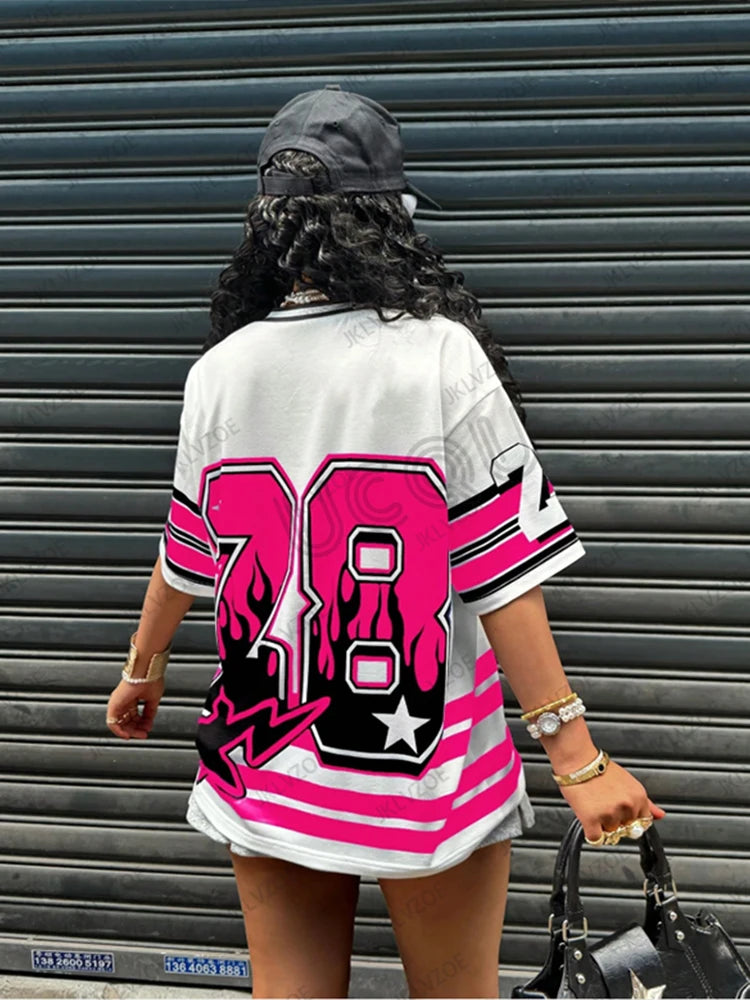 Oversized T-shirt For Women V-Neck Short Sleeve Summer Patchwork New York 28 Print Casual Tees Sports Football Jersey Y2k Tops