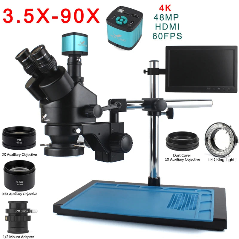 Trinocular Stereo Microscope — 3.5X–90X, 48MP 4K HDMI Camera