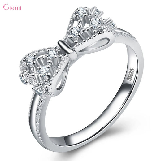 925 Sterling Silver Bow Knot Cubic Zirconia Ring for Women