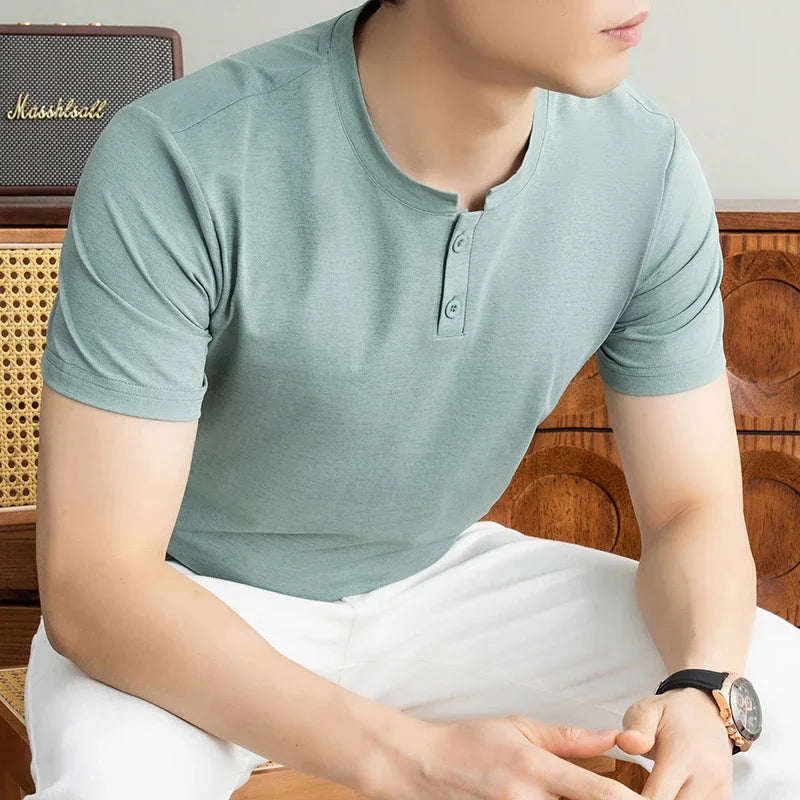 Men's Henley Collar Tee - Soft Knit, Sweat-Wicking Lightweight