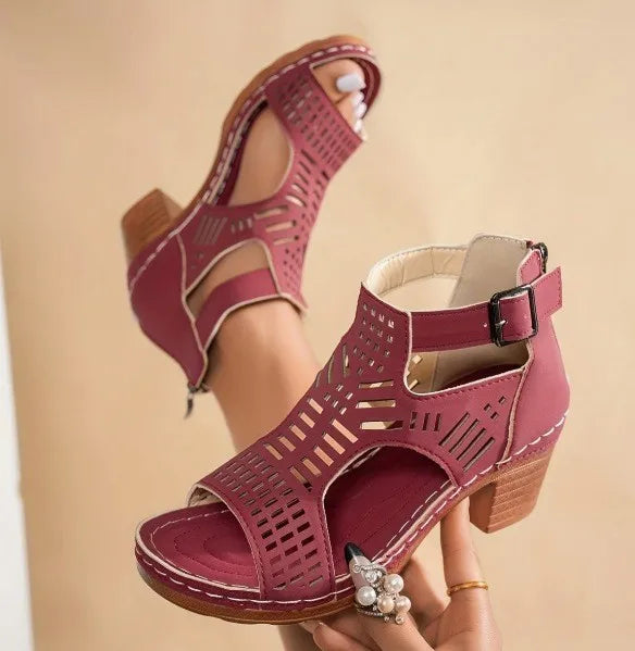 Roman Block-Heel Sandals for Women — Breathable Hollow-Out Retro Summer Heels