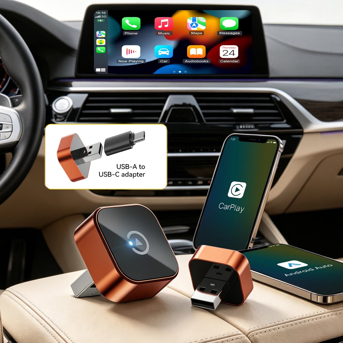 Wireless CarPlay & Android Auto Adapter (USB-C) — Converts Wired to Wireless, Plug & Play Auto-Connect