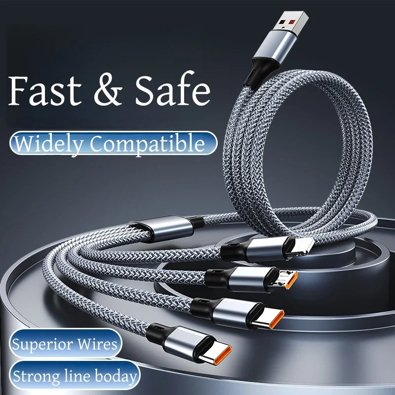 4-in-1 Multifunctional Charging Cable Supports USB-A to USB-C, Micro USB, and Braided Cables for Charging Multiple Devices