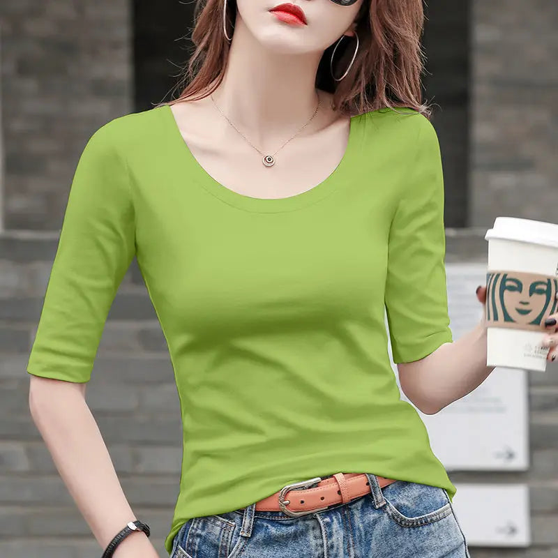 MRMT Women's White Mid-Sleeve Bottoming T-Shirt – Half Sleeve Tight O-Neck Top 2026
