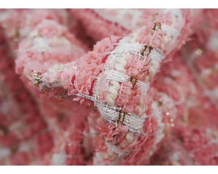 Tweed Fabric for Coat, Pink, Golden Thread, Glitter Cloth, Diy