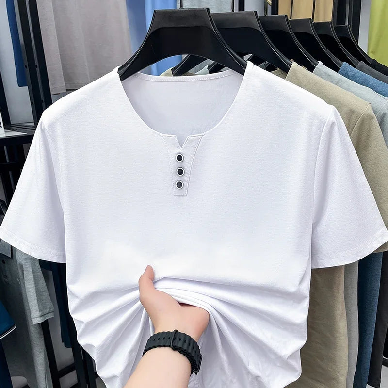 Men's Split V-Neck Tee - Three Metal Buttons, Breathable Slim Fit