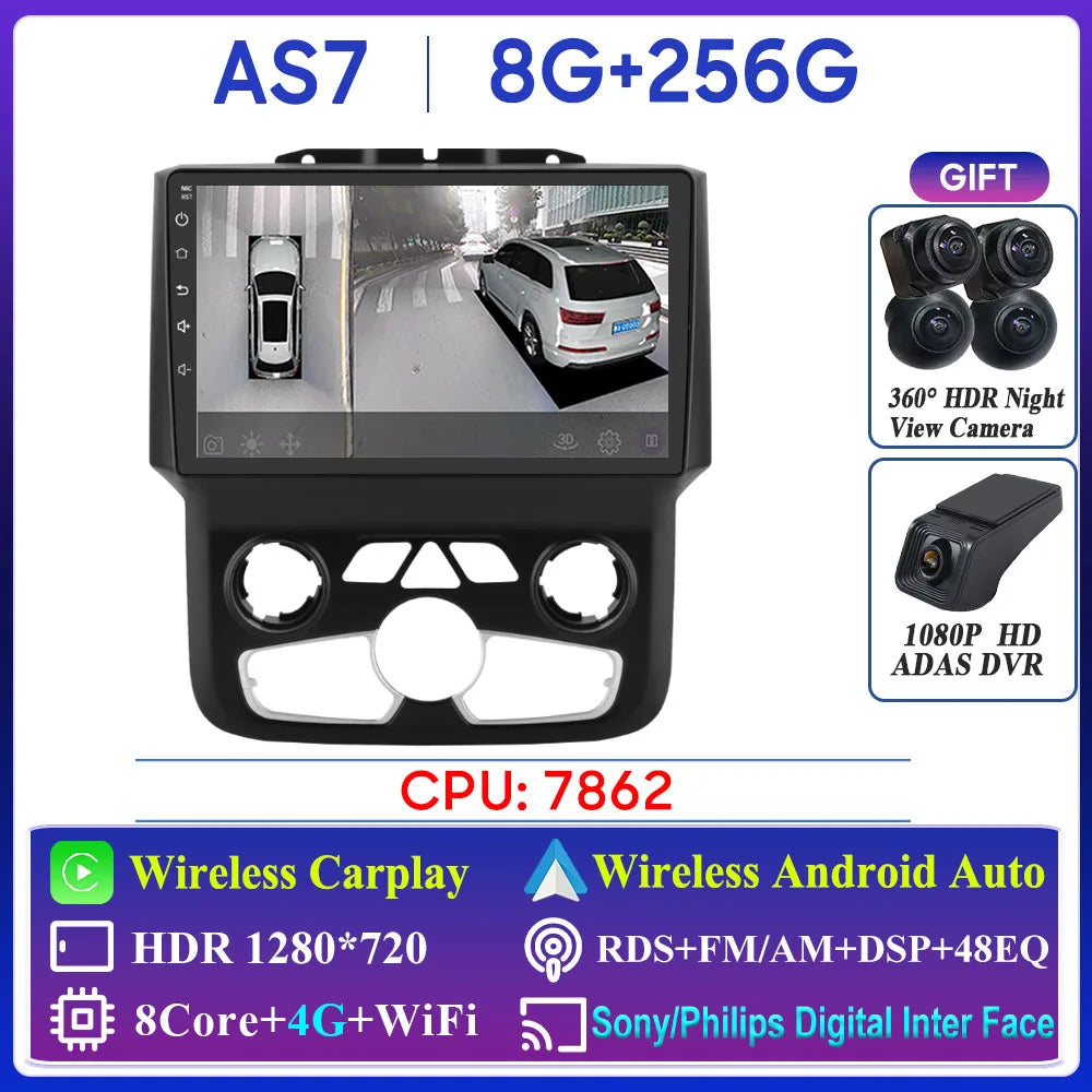 For Dodge Ram 1500 2500 3500 2013-2018 Car Radio Navigation GPS Carplay Stereo Android Auto Multimedia Player DVD Bluetooth 5G