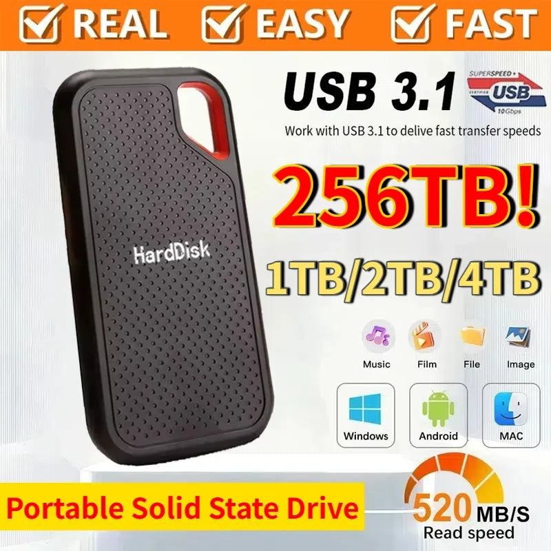 Portable SSD 1TB Original High Speed Hard Disk 4TB External Hard Drive 256TB USB3.1 Solid State Disk for Laptop/Phone/MAC/PC