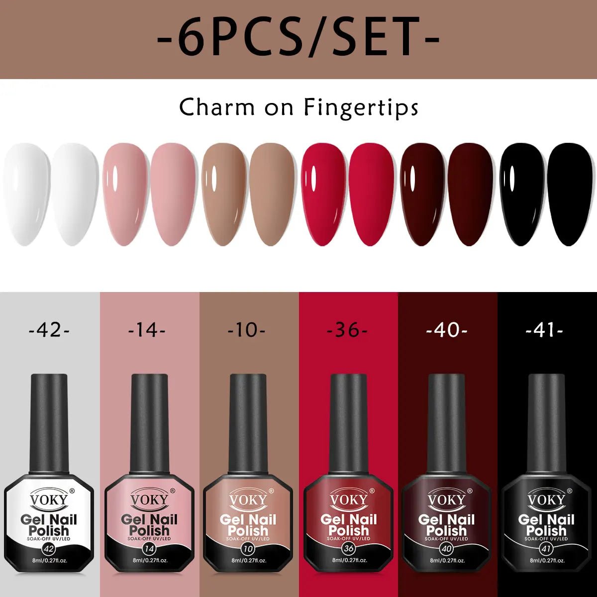 8ml 6-piece gel nail polish set, classic colors, smooth application, shiny effect, no fragrance